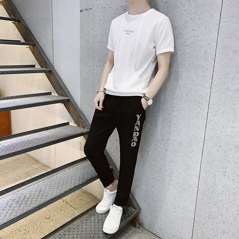 Short-sleeved T-shirt Male Ice Silk Summer  Trend Sports Casual Men's Suit Tide Brand Two-piece Summer Suit