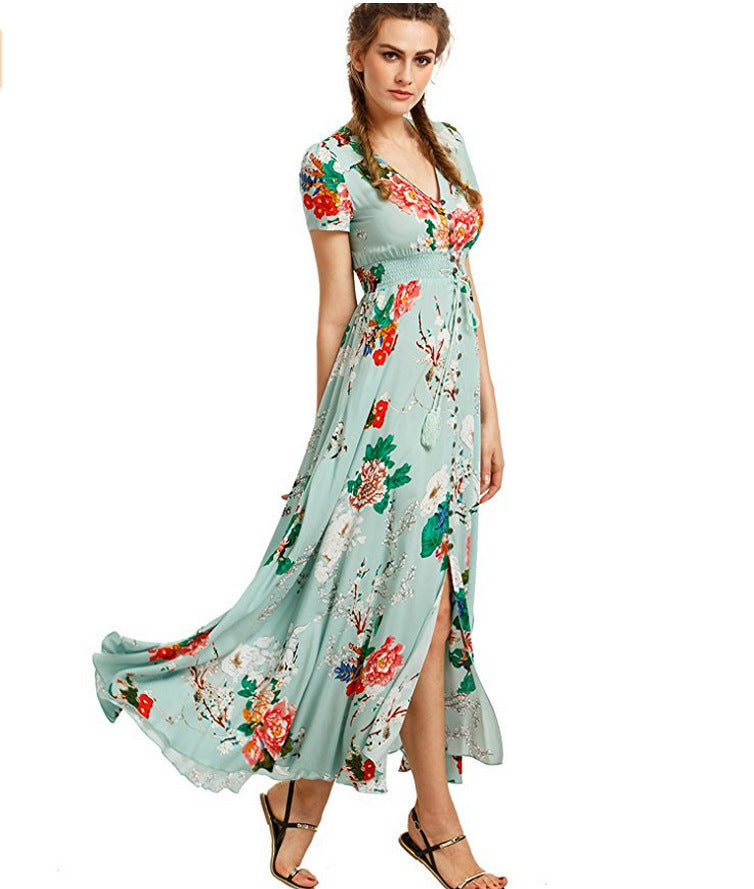 Ethnic Pattern Holiday Style V-neck Loose Long Dress