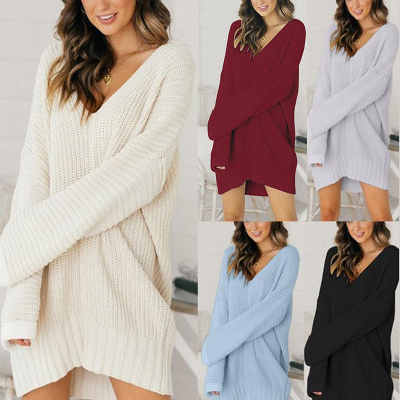 Women's Loose V-neck Mid-length Dress Sweater