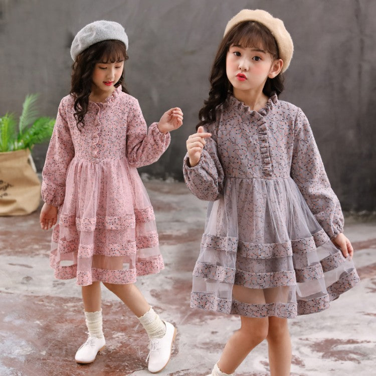 Children's Cute Long-sleeved Mesh Floral Dress