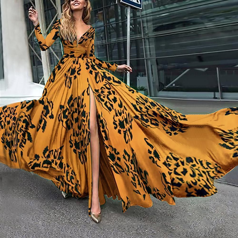 Deep V-neck Long-sleeved Printed Dress With Large Swing Dress New