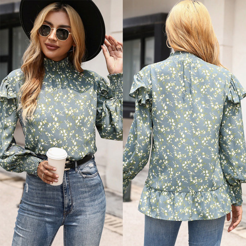 Loose Small Floral Stand-up Collar Ruffled Long-sleeved Shirt