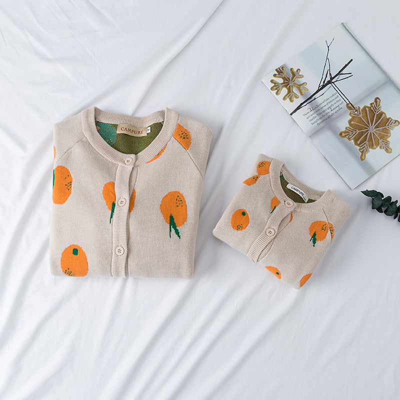 Children's Sweater Pullover Jacquard Orange Parent-child Cardigan Cute Sweater Knitted Sweater Cotton