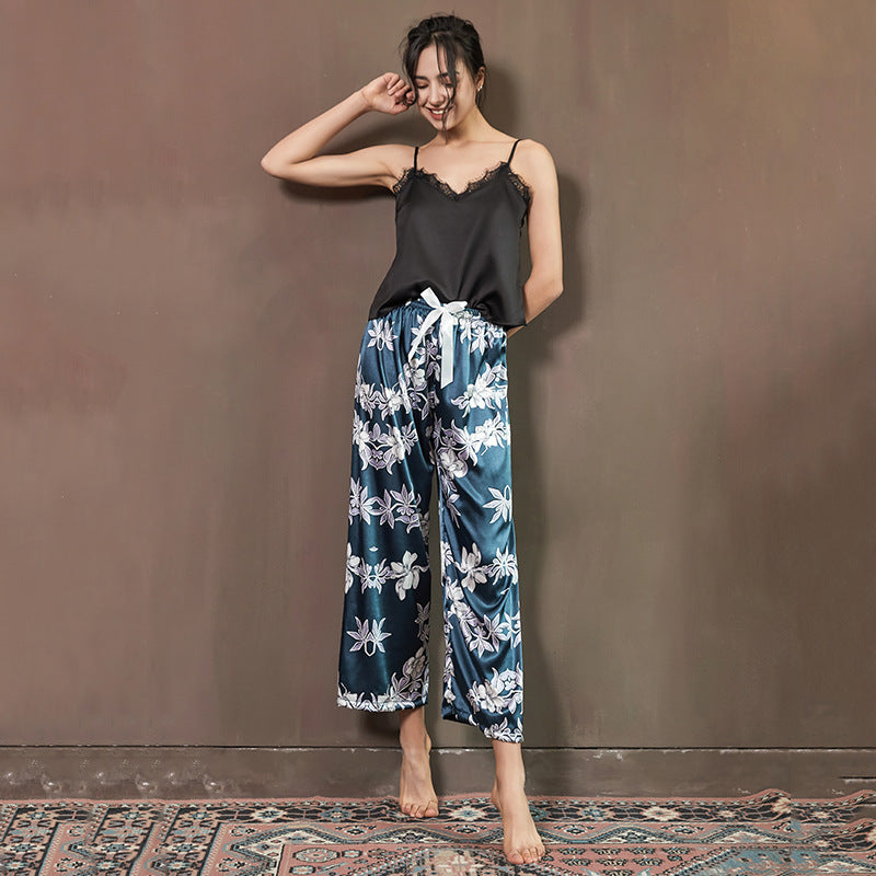 Two-piece Fashion Printed Pajama Suspenders, Imitation Silk Wide-leg Pants, Comfortable Casual Home Pants Cover