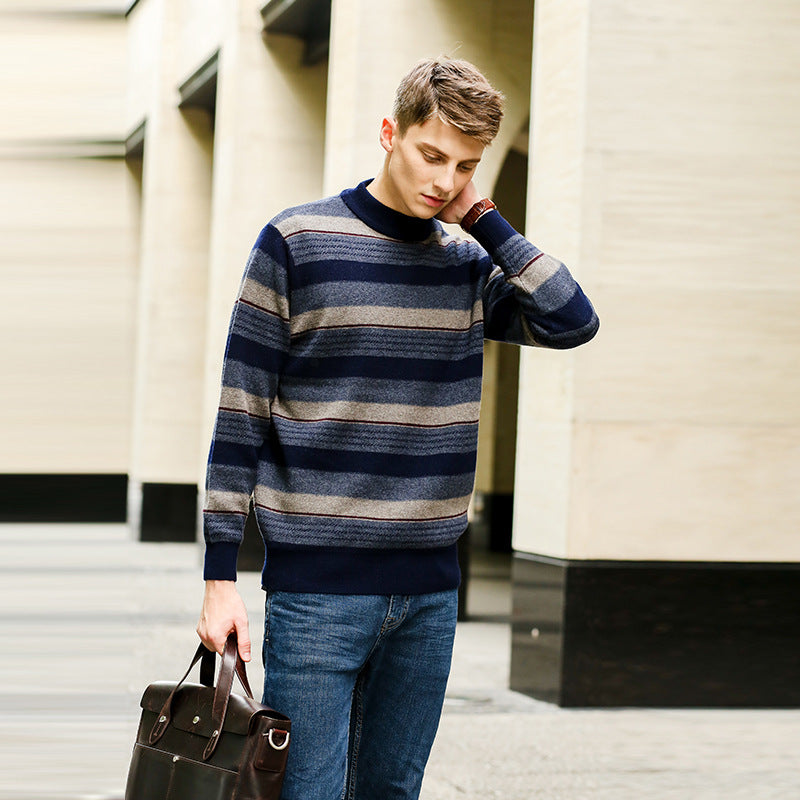 Men's Half Turtleneck Pullover Striped Knit Cardigan