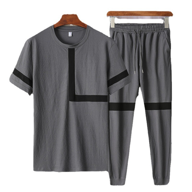 Short-sleeved Trousers Casual Suit Men's 2021 New Large Size Plus Fat To Increase Fat Ice Silk Cotton Suit