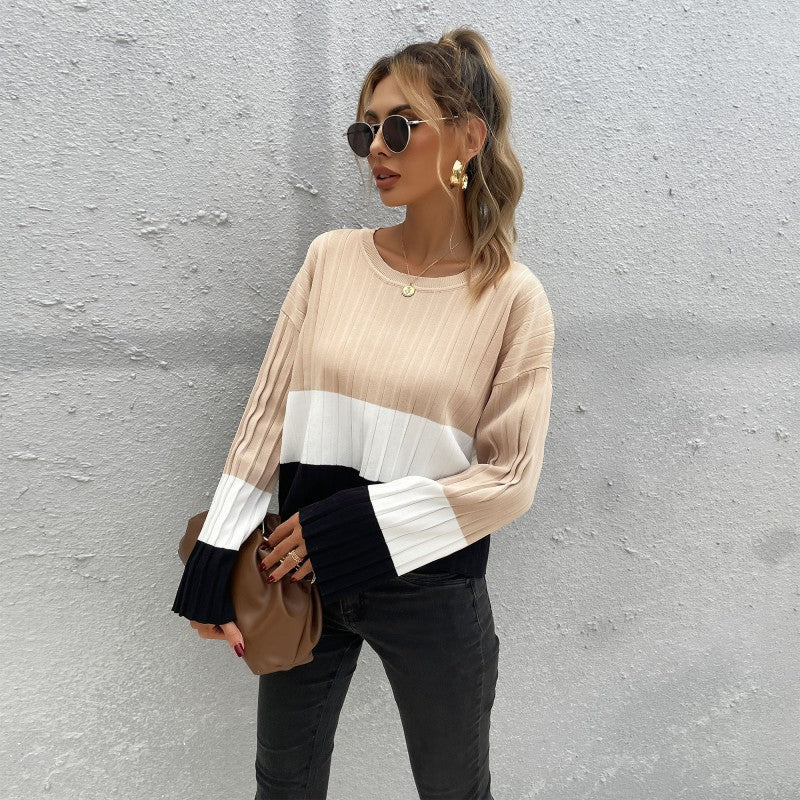Colorblock Round Neck Long-Sleeved Knitted Sweater