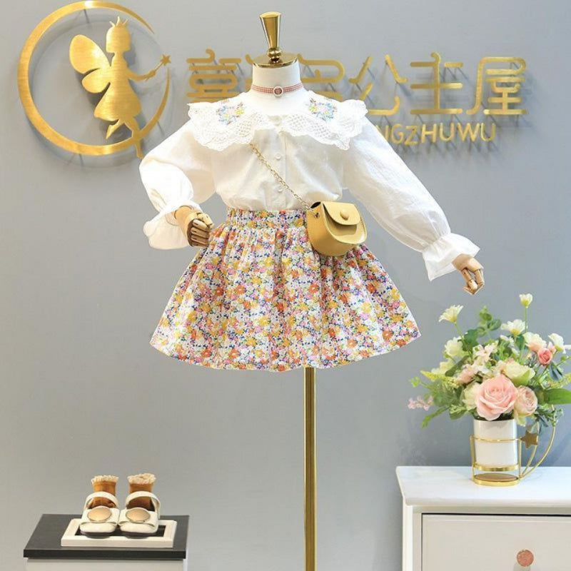 Embroidered Shirt Western Style Floral Half Skirt Children's Twopiece Suit