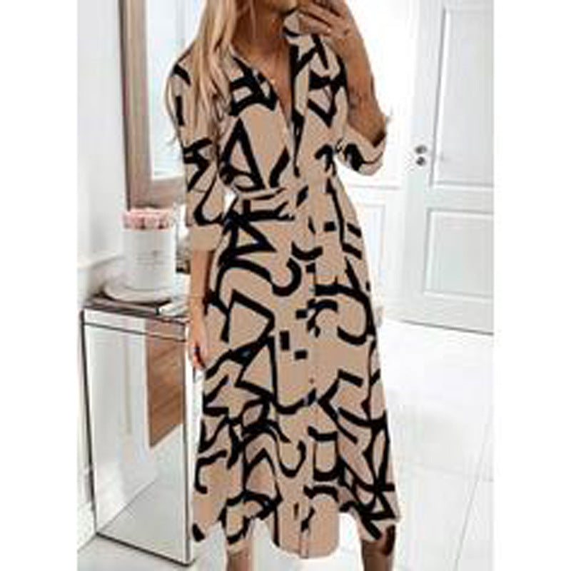 Printed Long Sleeve Lace Up Dress