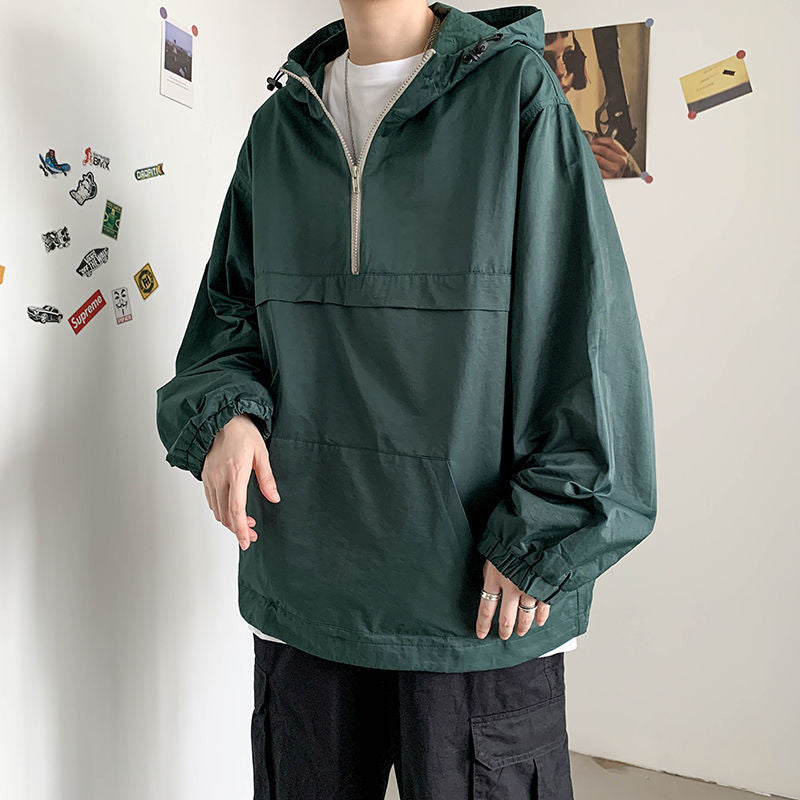 Men's Workwear Functional Wind Hooded Sweatshirt With Half Zipper Jacket