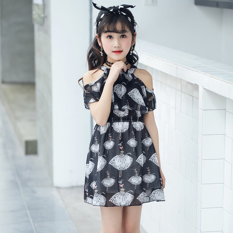 Summer new fashion Korean style big kids girls chiffon print skirt