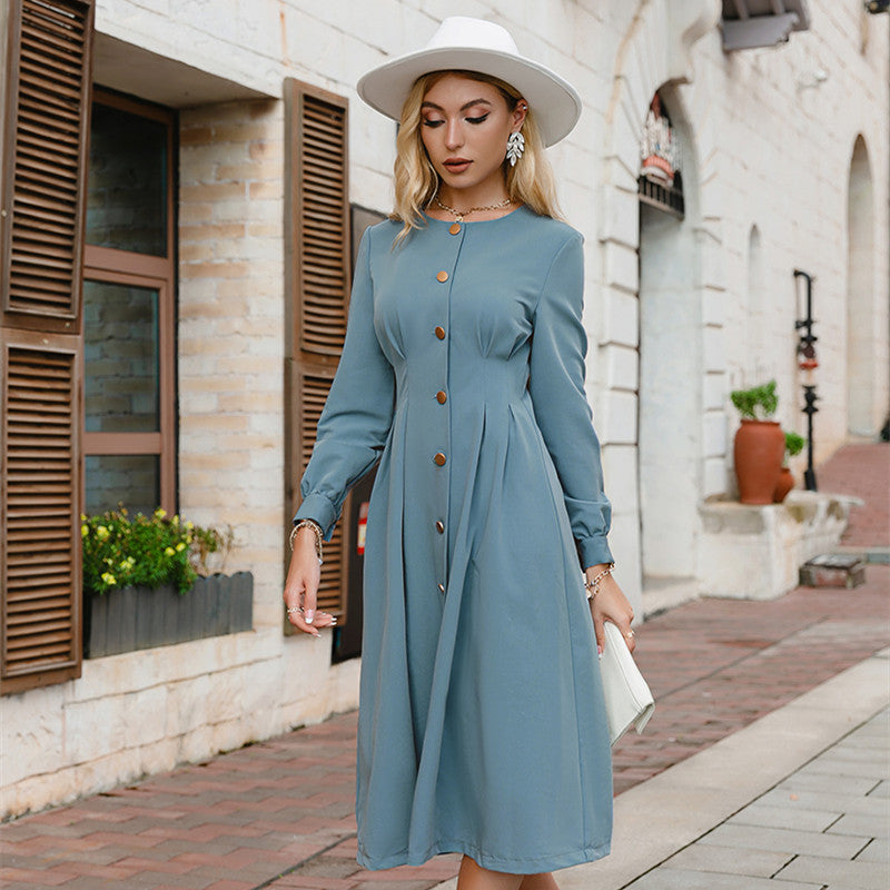 European And American Autumn Solid Color Waist Dress