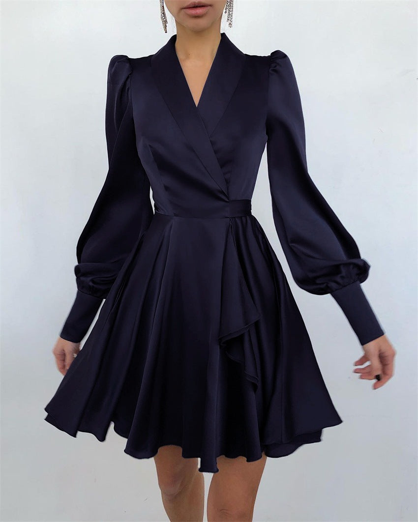 Waist Slimming V-neck Dress With Lantern Sleeves French Temperament Short Skirt