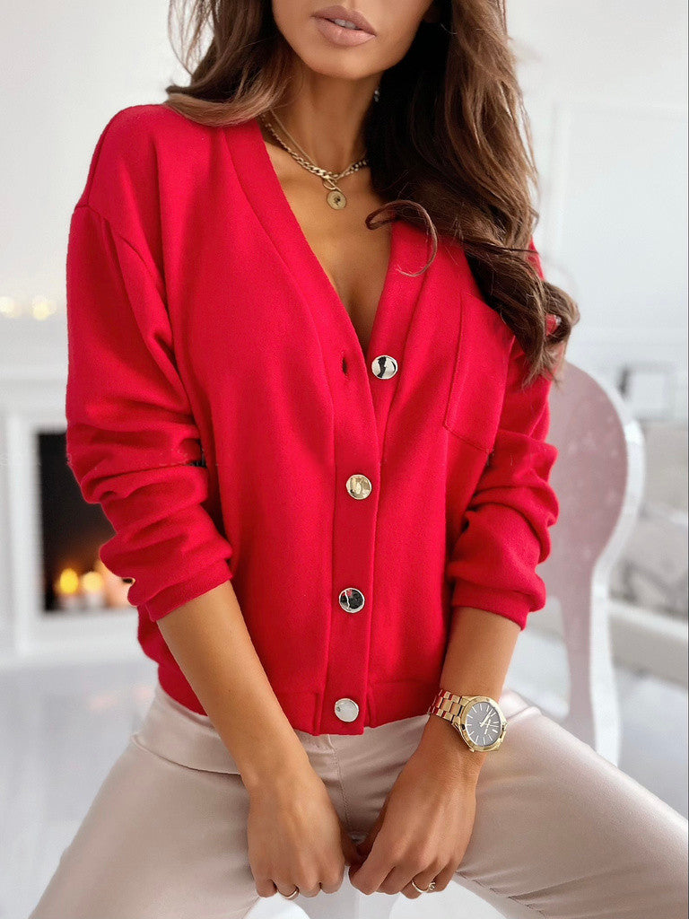 Simple And Loose Long-Sleeved V-Neck Button Bottoming Top