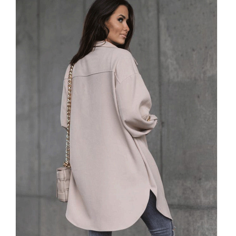 New Autumn And Winter Style Sleeve-Pull Button Embellished Mid-Length Shirt Jacket