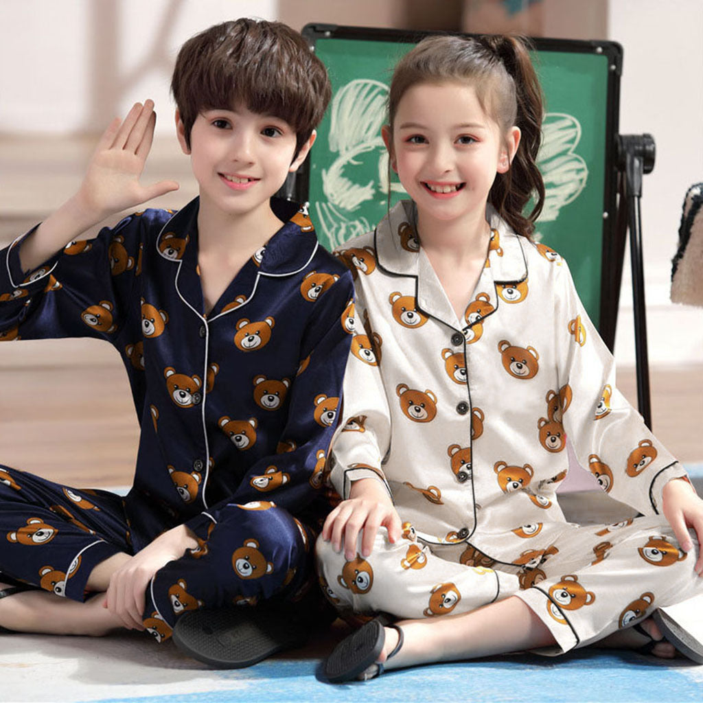 two kids laughing and wearing Long sleeve ice silk bear pajamas