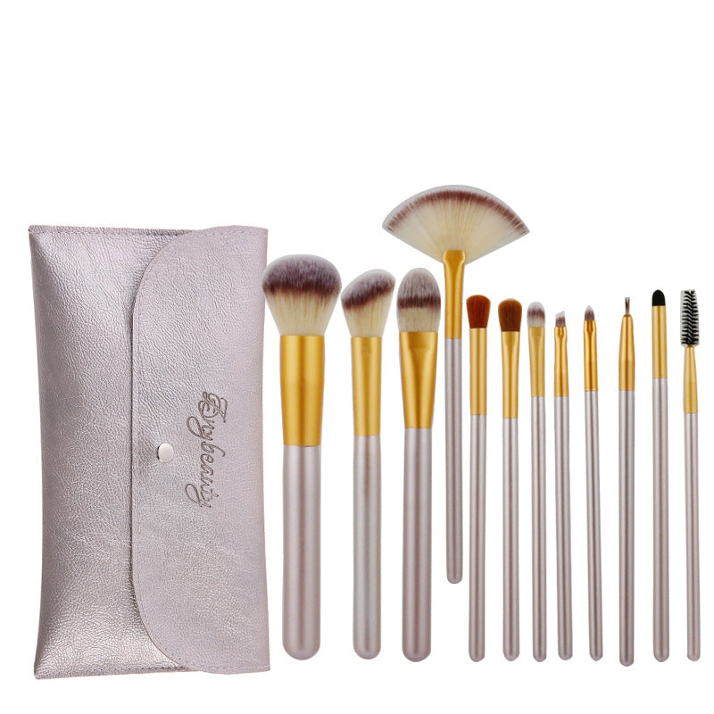 12 Creamy White Makeup Brush Set Fanshaped 24 Champagne Cosmetics Synthetic Hair