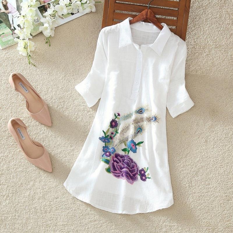 Cotton Loose Short Sleeve Round Neck Embroidered Shirt