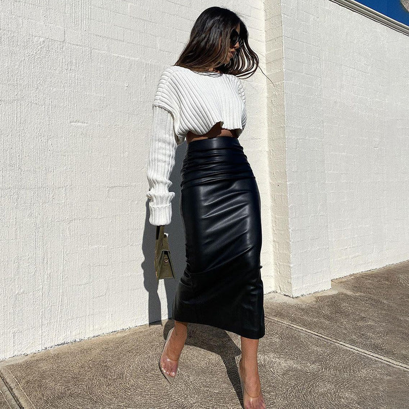 Women's Temperament Commuter Bright Leather Back Slit Sexy Long Skirt
