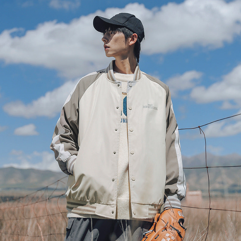 Men's Retro Baseball Uniform Stitching Contrast Color Loose Jacket