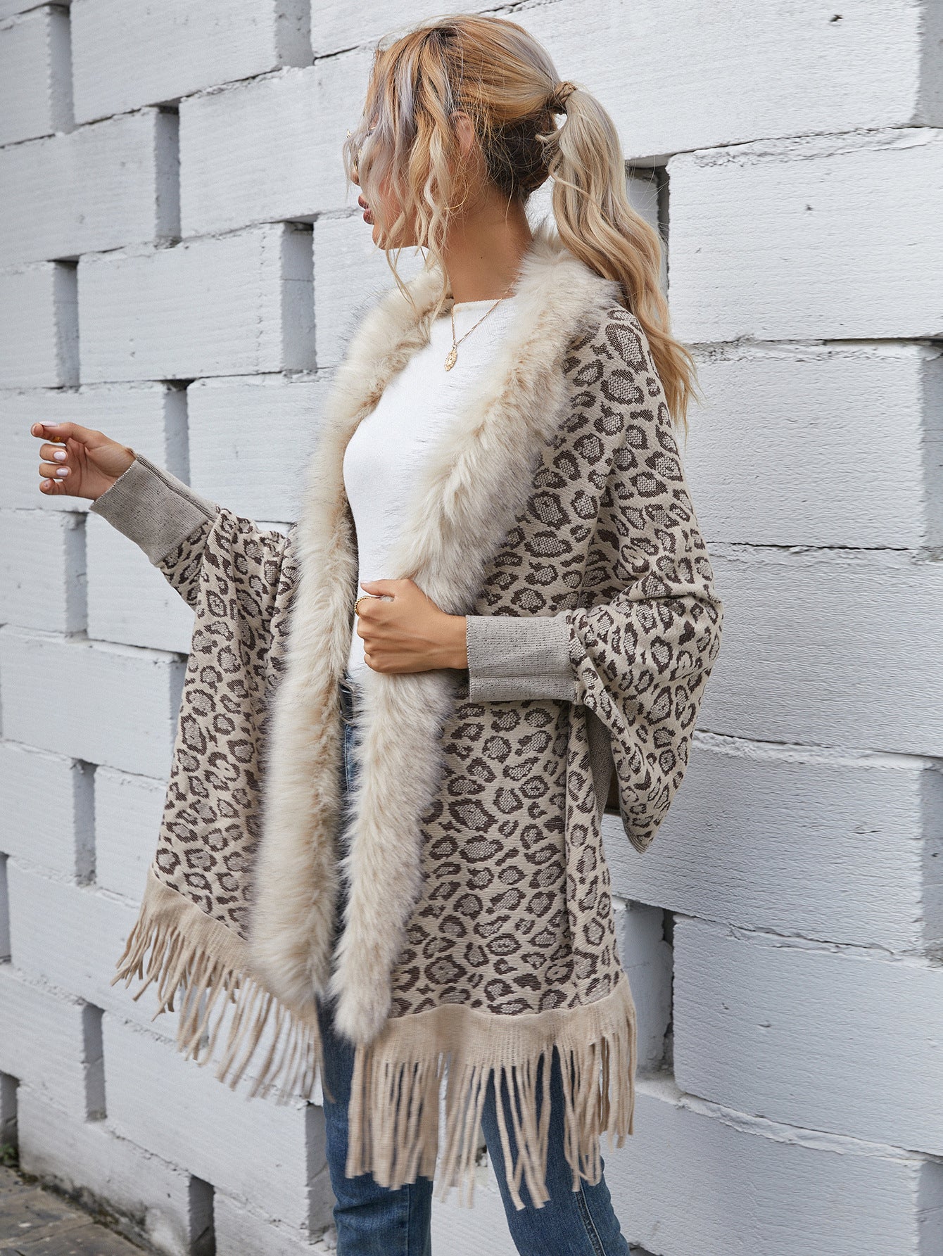 Leopard Sweater Fur Collar Cardigan Shawl Knitted Jacket