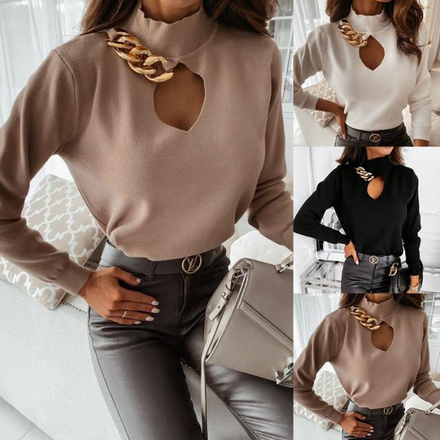 Chain-Decorated Hollow Knit Bottoming Shirt