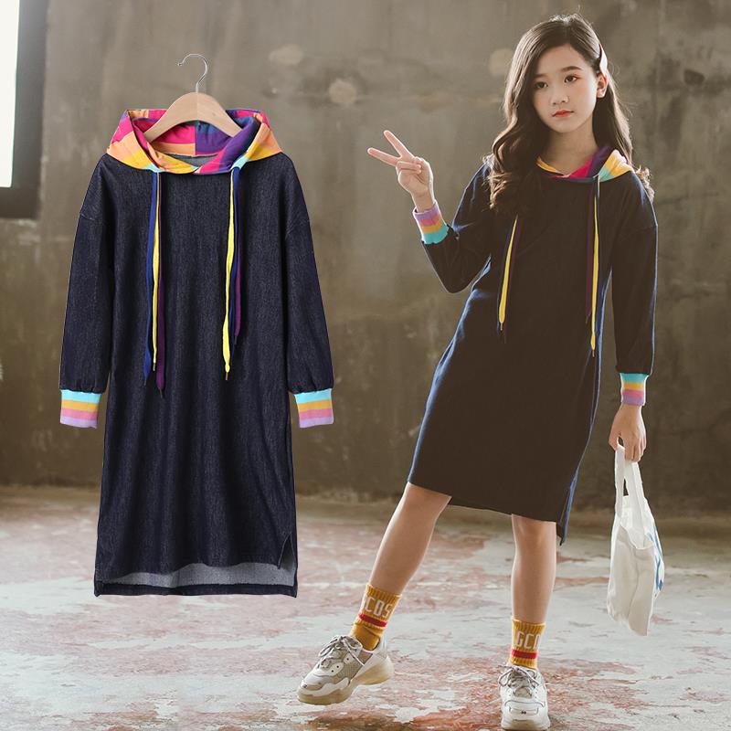 Girls T-Shirt Solid Color Rainbow Denim Long Sleeve Dress