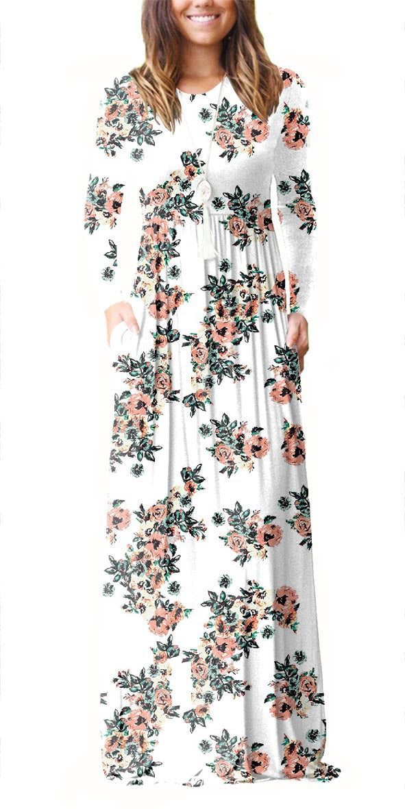 Casual Printed Round Neck Pocket Dress With Long Sleeves