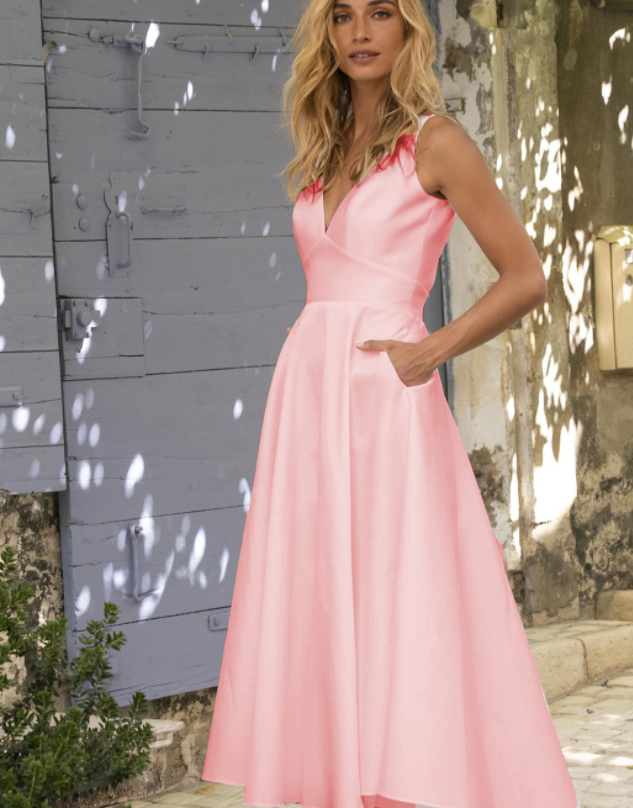 Pink Mid-waist Slim Temperament Commuter Solid Color Dress 