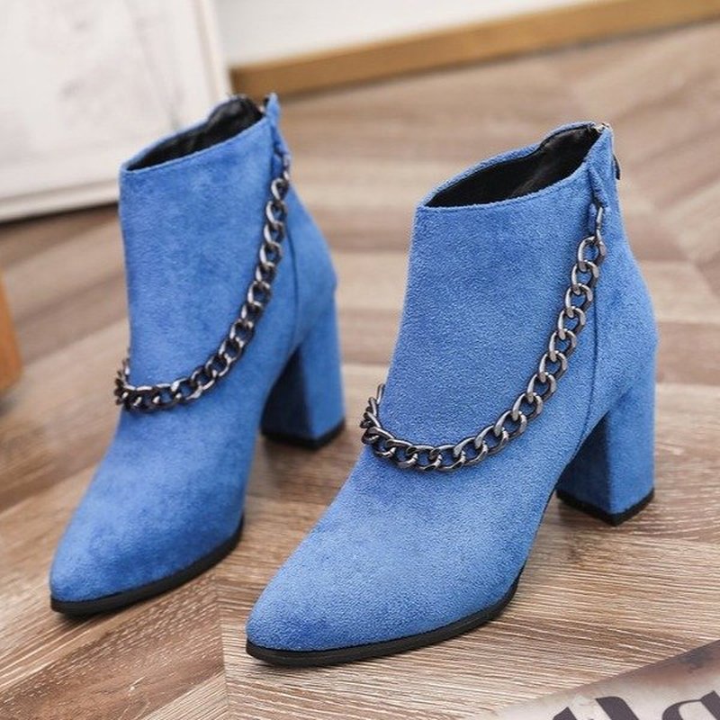 New Short Tube Pointed Toe Suede Thick Heel High Heel Metal Chain Zipper Martin Boots