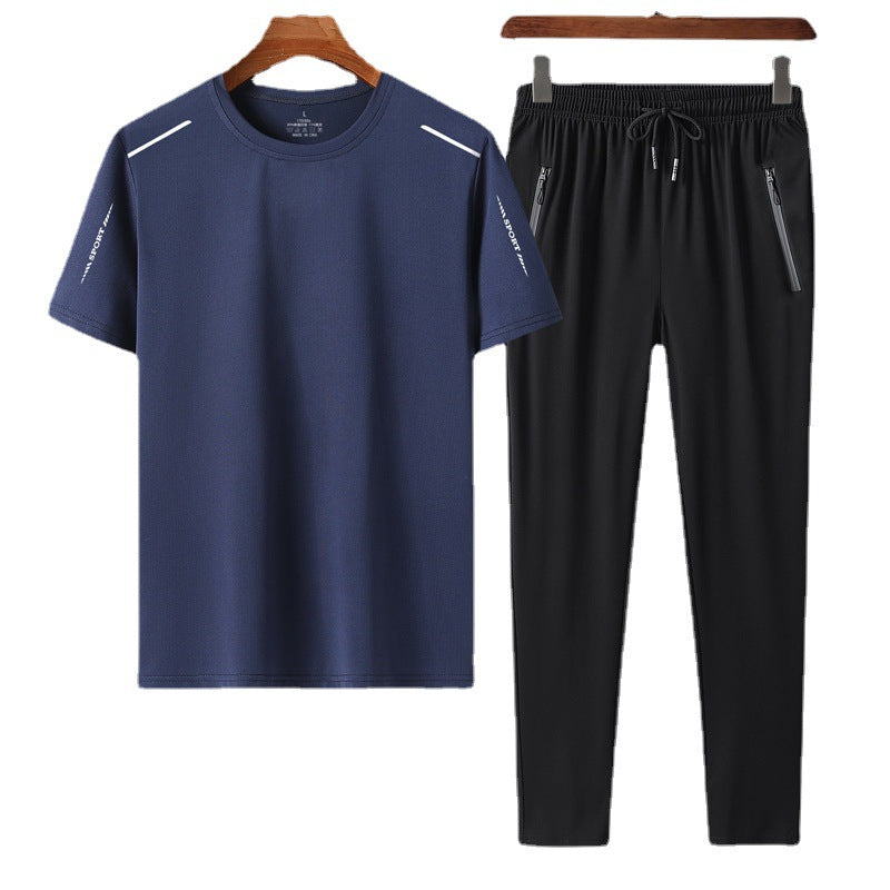 Summer Men's Ice Silk Quick-drying T-shirt And Trousers Two-piece Suit