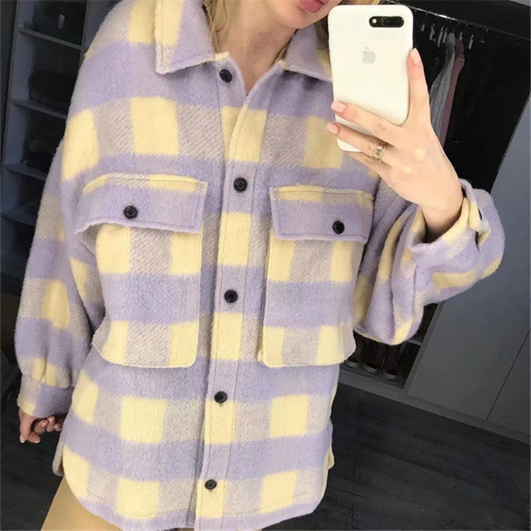 Women's long-sleeved woolen plaid jacket