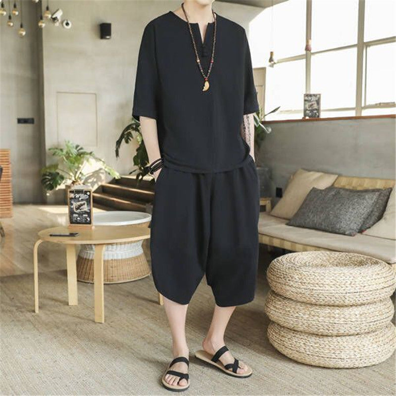 Men's Linen Suit Chinese Style Large Loose Cropped Trousers