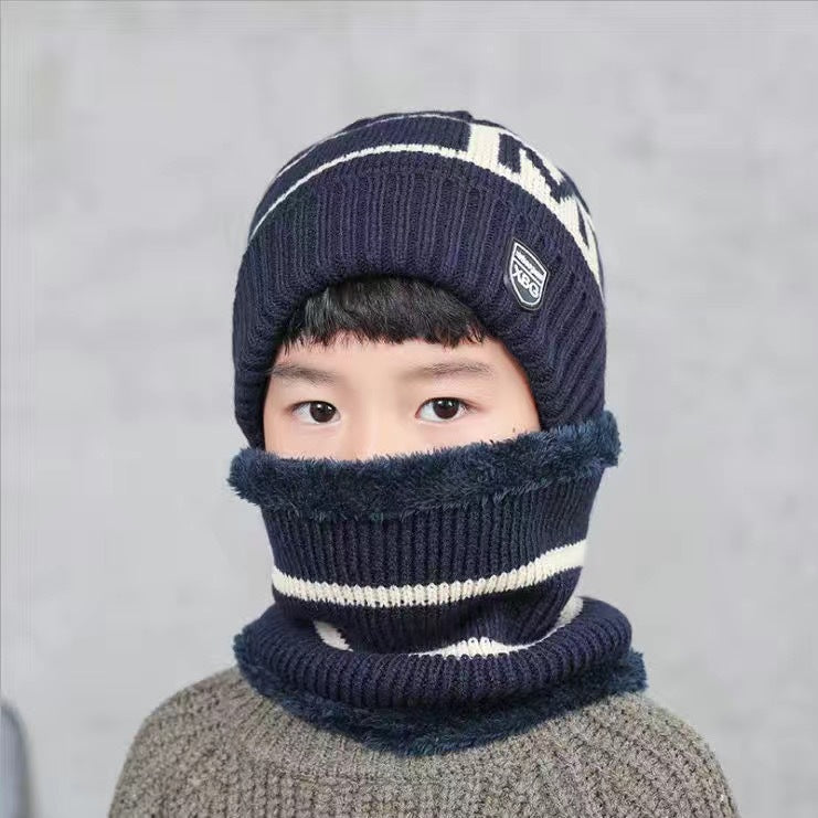 Children's Hats For Autumn And Winter New Boys' Hats And Bibs Set Korean Letters Knitted Hedging Warm Woolen Caps