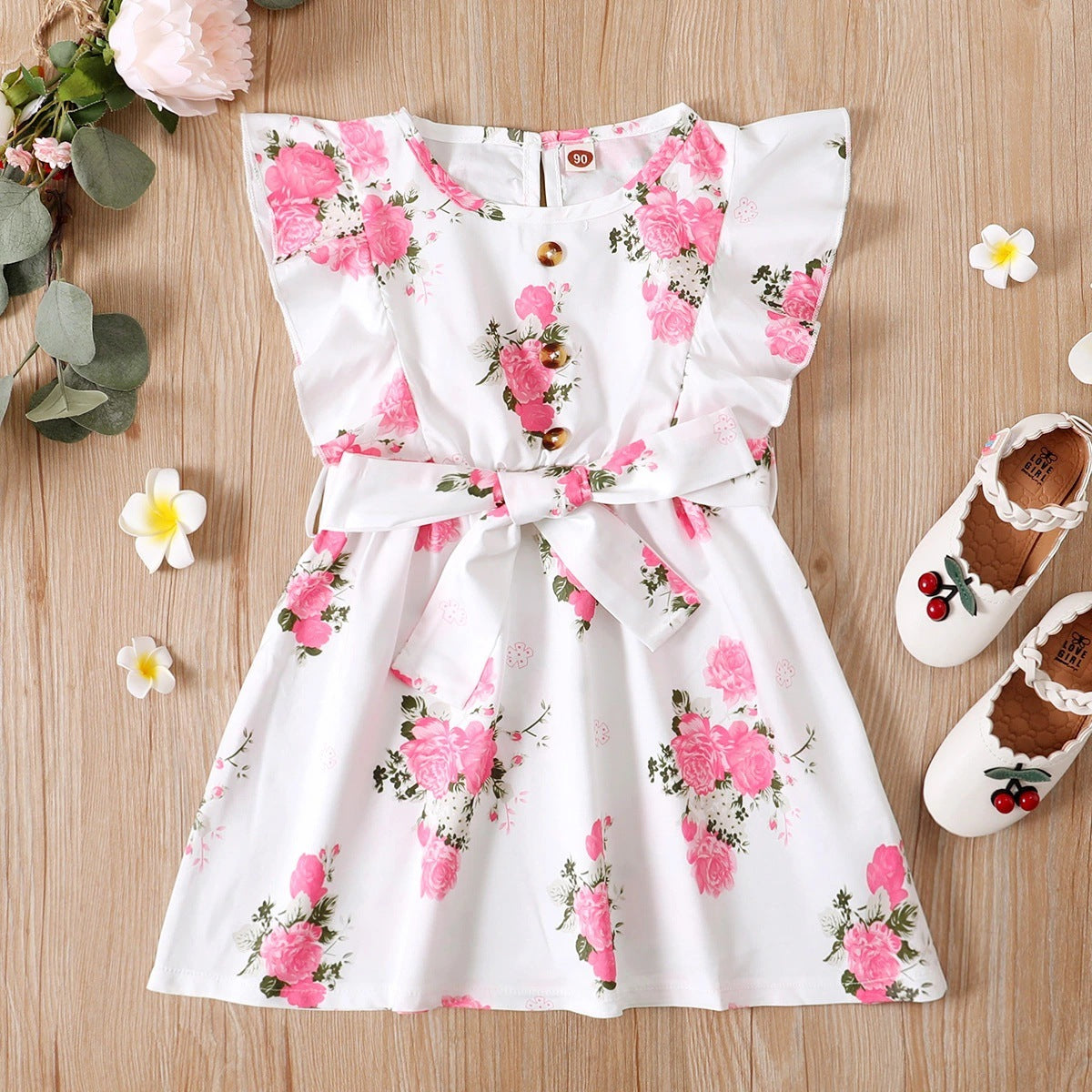 Small And Medium-sized Children's Small Flying Sleeves Ruffled Print Floral Belt Dress