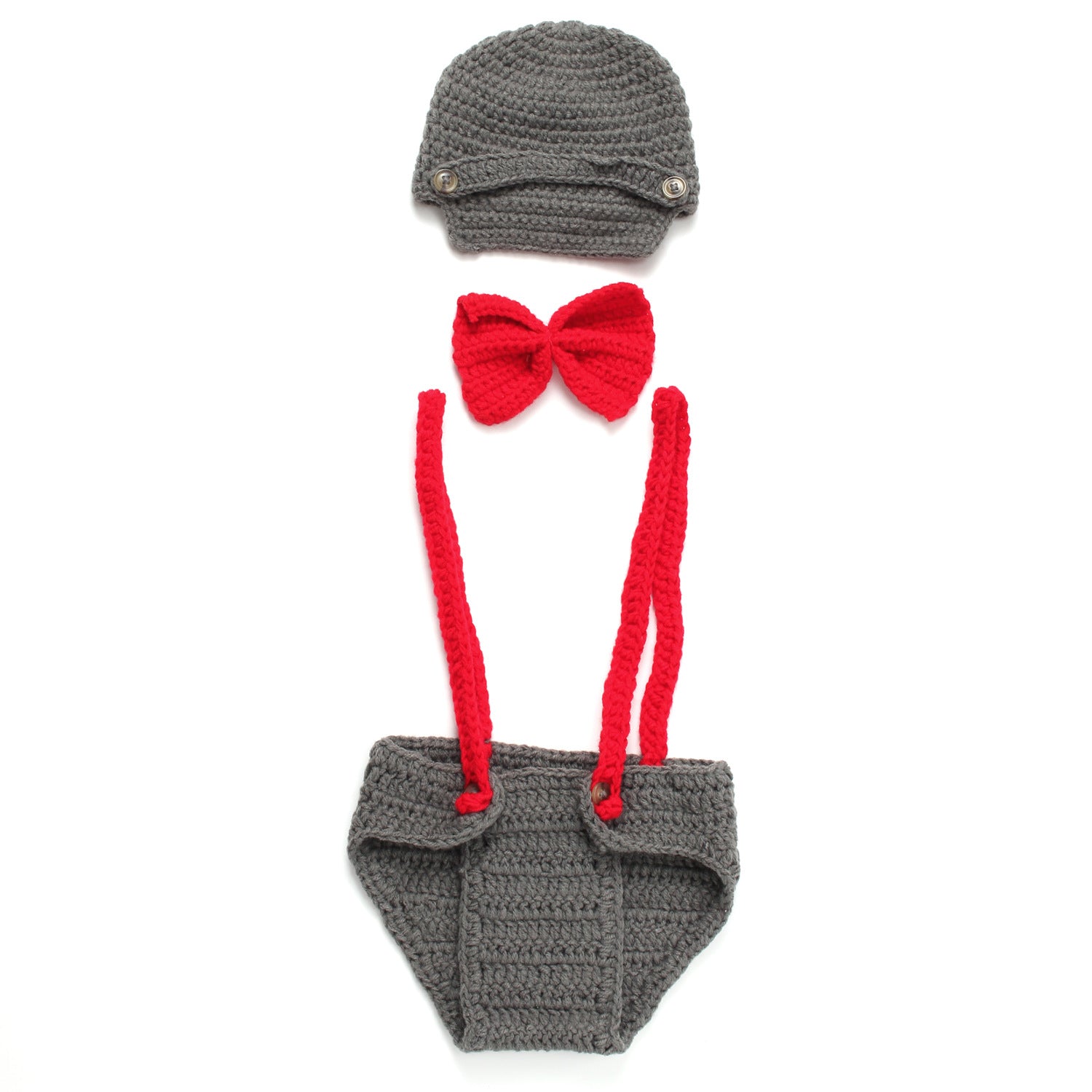 Handmade Suspender Pants Gray Newborn Costumes Red Bow Tie Studio
