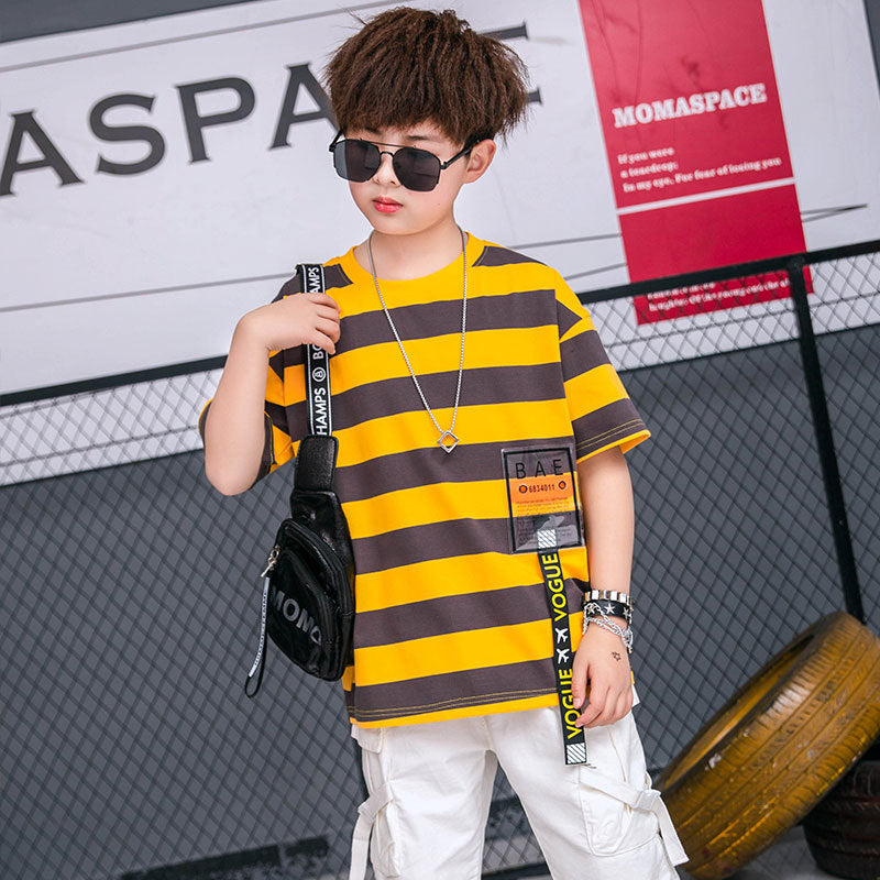 Tide Brand Korean Version Of The Big Boy Pure Cotton Fat Boy Striped Children's Loose Children's Clothing