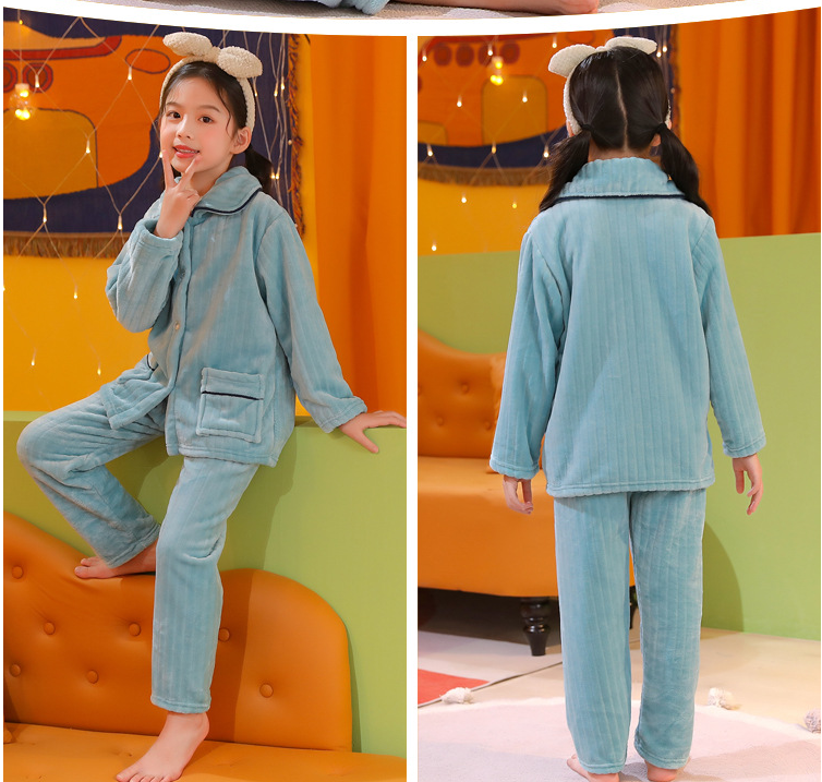 Thicken Boy's Solid Color Home Children's Flannel Pajama Set