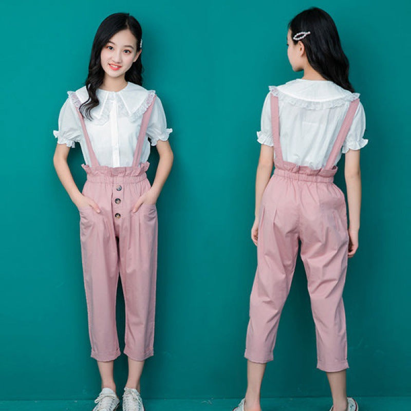 Girls' Shirts Blouses Suspenders Casual And Simple Two-piece Suits