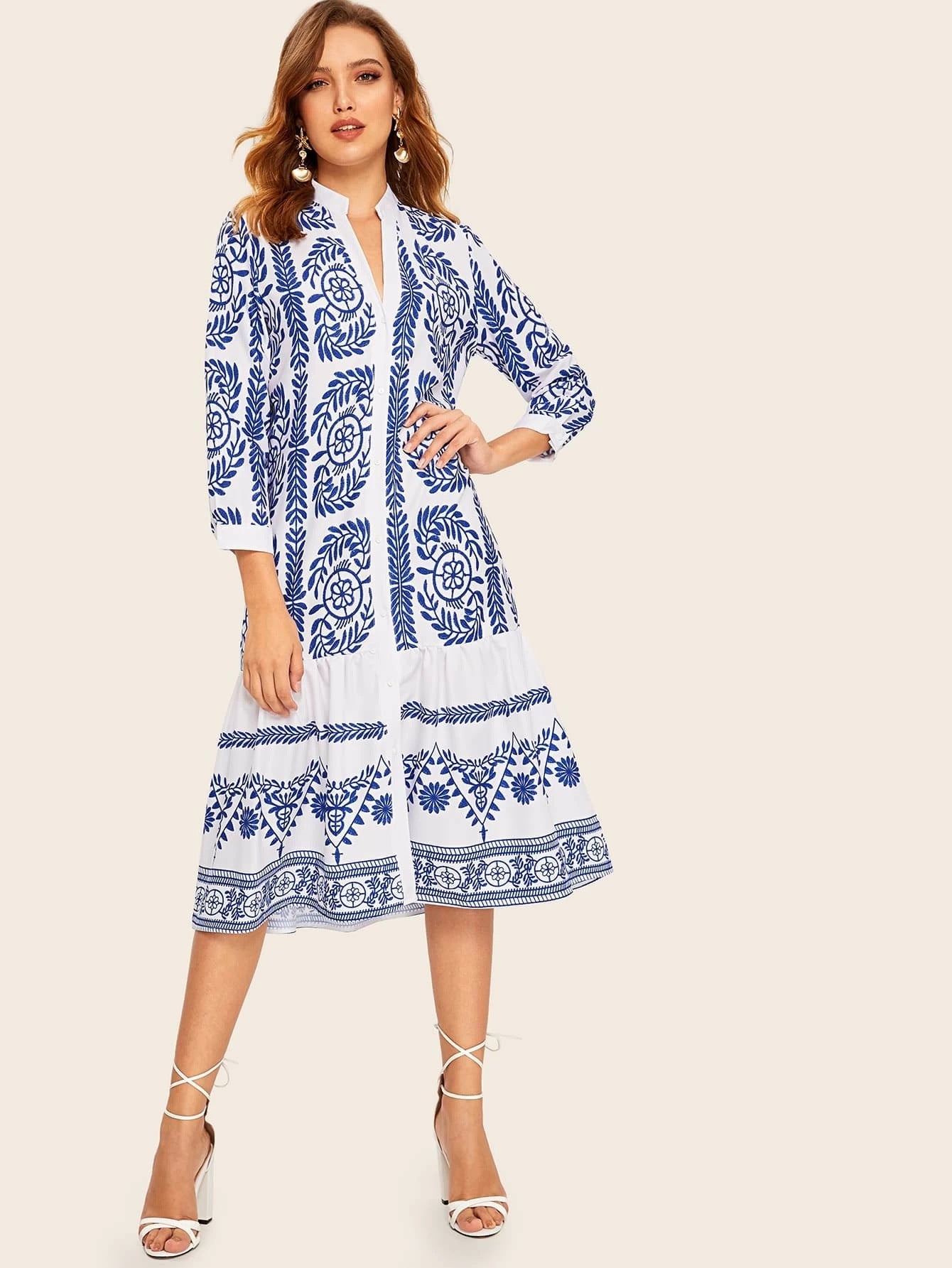 New Women's Blue And White Porcelain Printed Shirt Dress