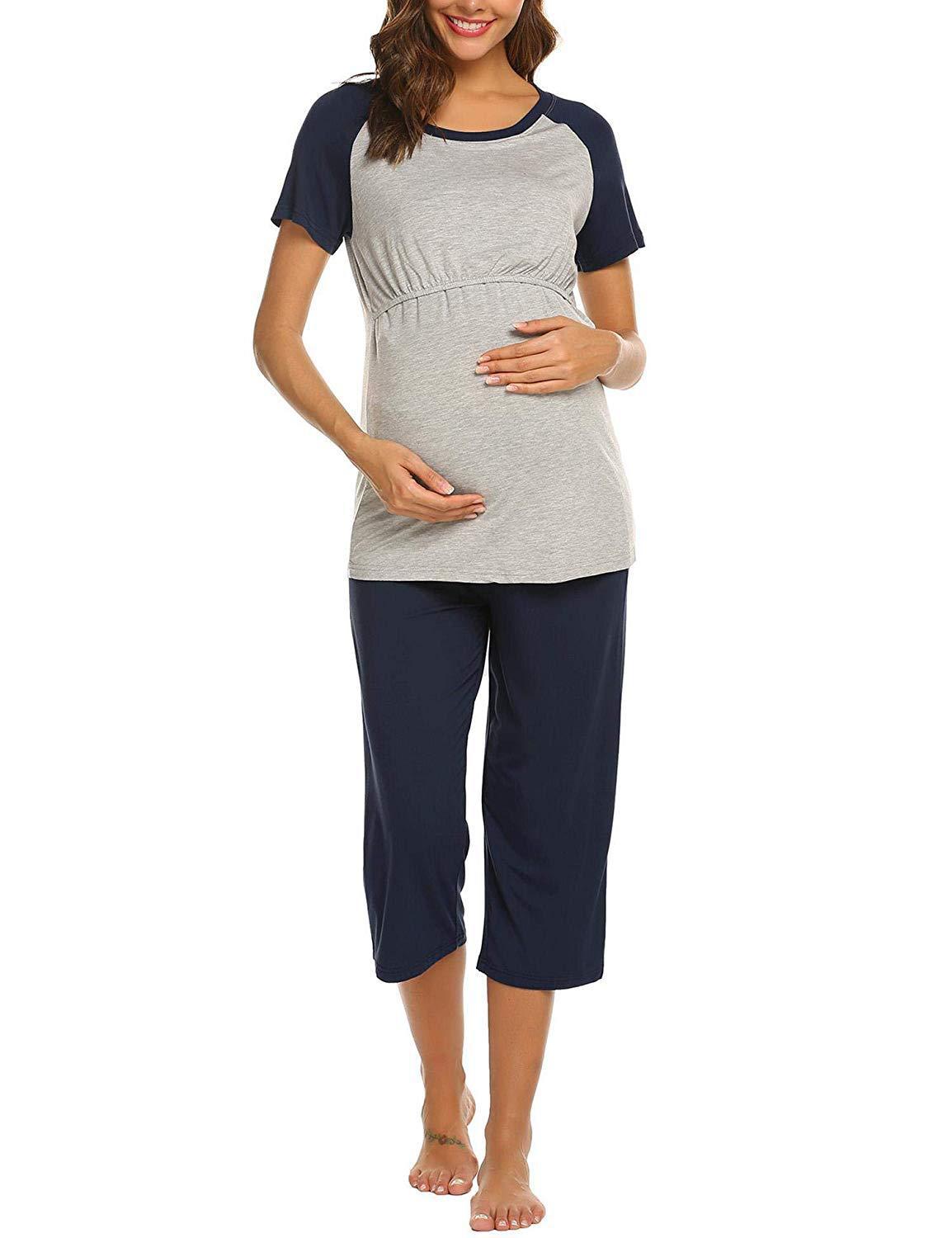 Maternity Short-sleeved Solid Color Stitching Nursing Tops Pajamas Set