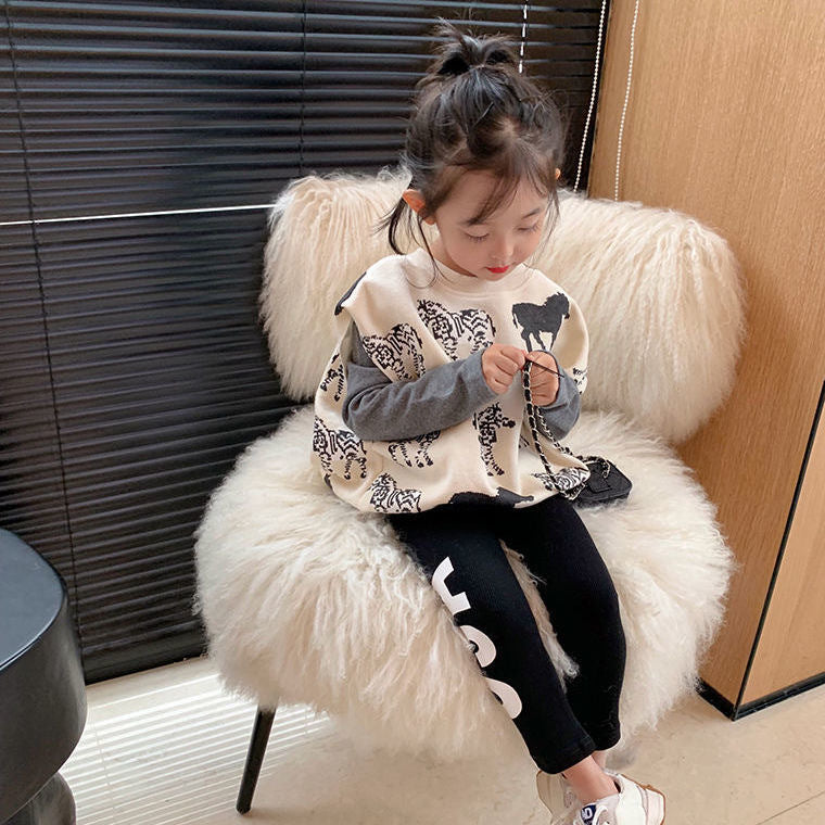 Girls Princess Style Fake Two-piece Sweater Suit All-match Fashionable Children's Leggings