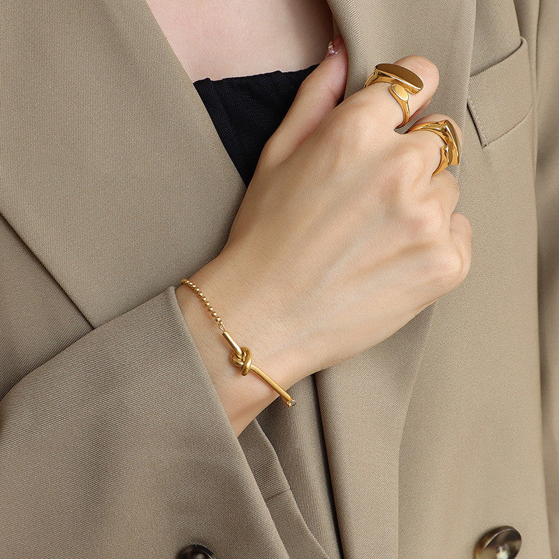 Women's Heart Shaped Bead Chain Bracelet Titanium Steel 18K Gold