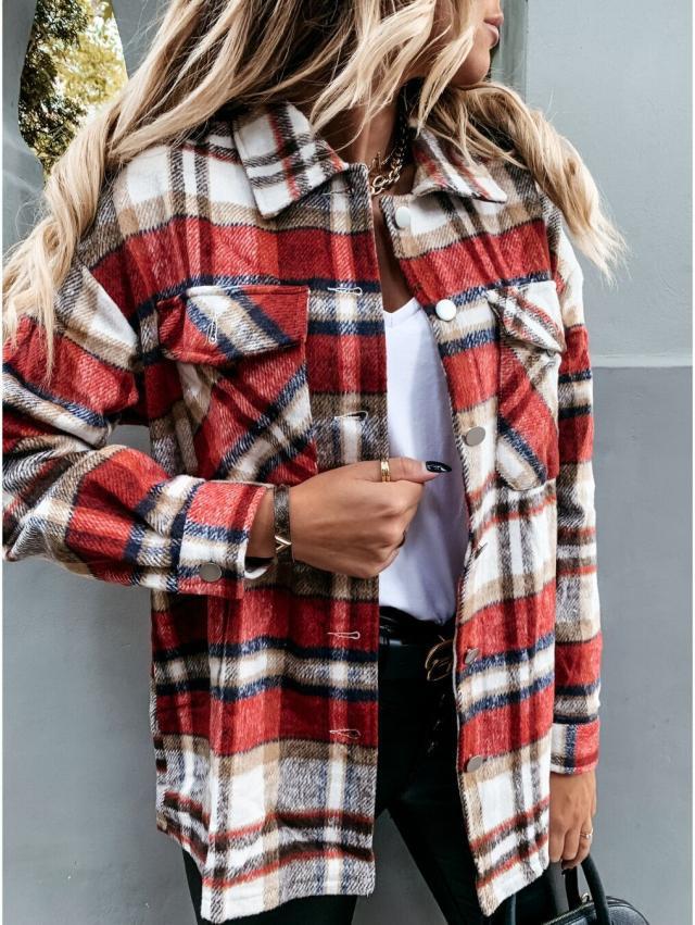 Autumn And Winter Long-Sleeved Plaid Print Coat