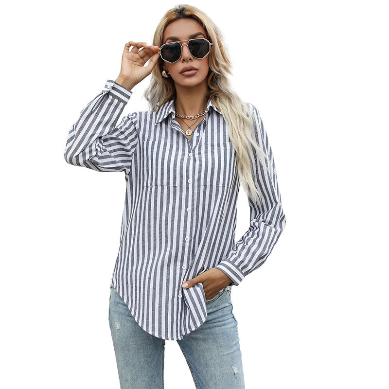 Single-Breasted Striped Lapel Long-Sleeved Bottomed Shirt