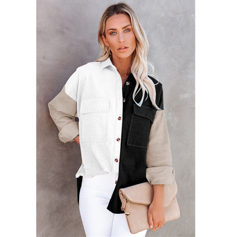 Color Block Buttoned Double Pocket Casual Shirt Jacket