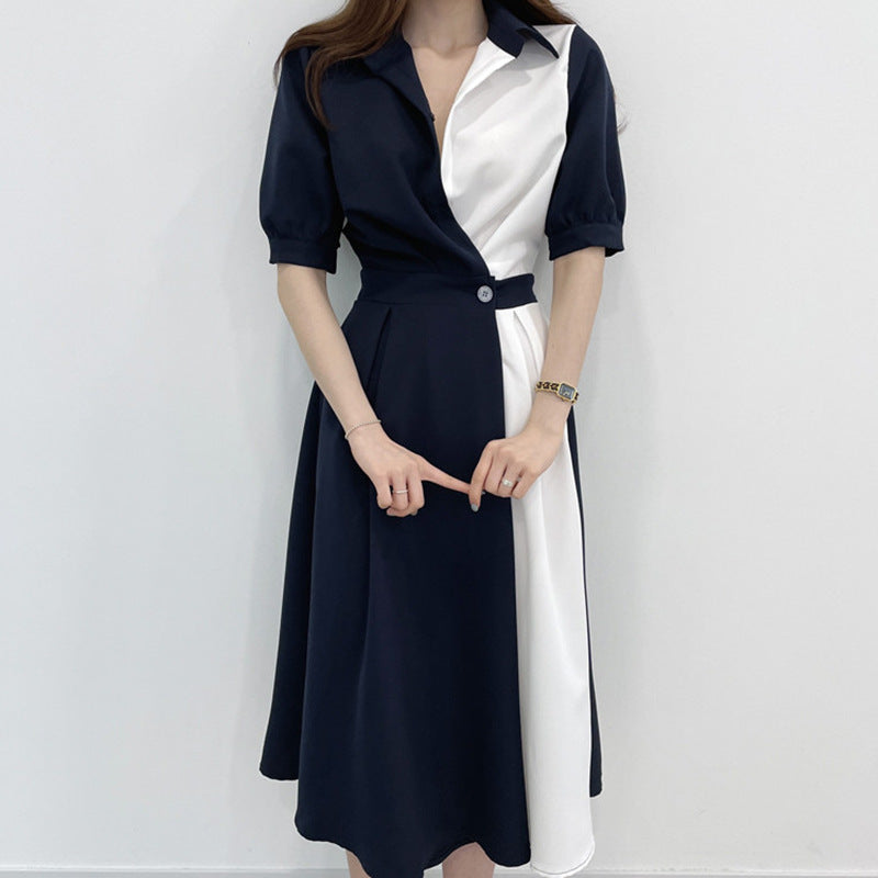 French Niche Lapel Design Sense Contrast Color Stitching One-button Dress Women
