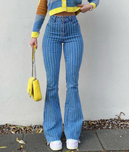 Autumn Fashion Women's Street Retro Hot Girl Style Striped Bell Bottom Pants