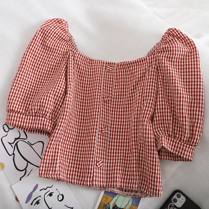 Women's Short-Sleeved Shirt With Puff Sleeves And Clavicle