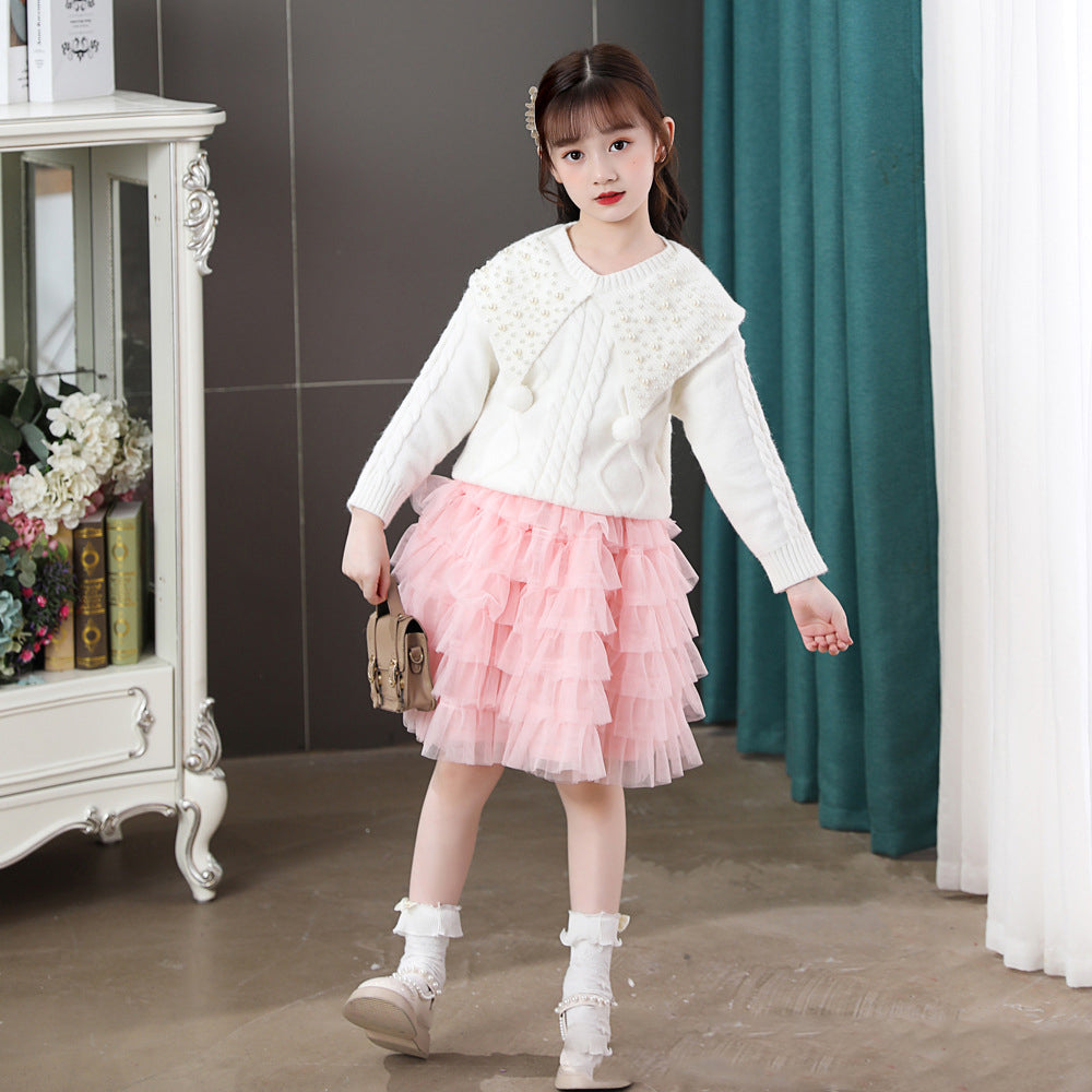 Two-piece Pearl Children's Sweater Cake Dress
